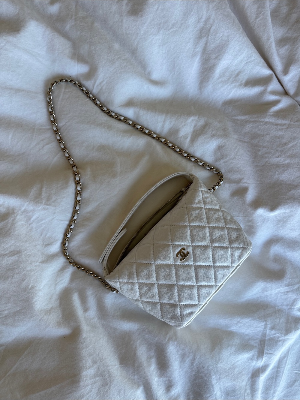 CHANEL White Quilted Leather Crossbody with Chain Strap